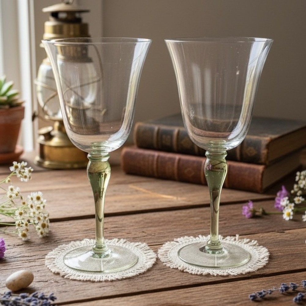 Block Hand Blown Green Melody Goblets, Set Of 2, Vintage Optic Design Glasses